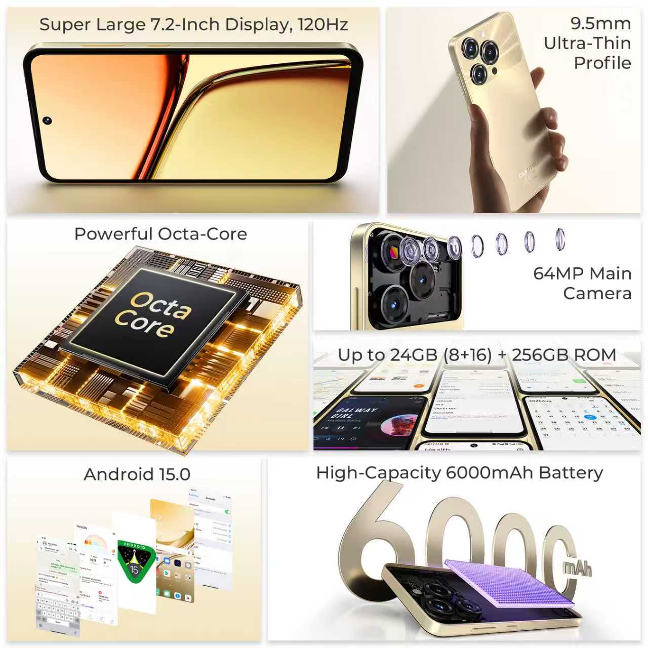 OUKITEL C69 Android 15 Smartphone, 7.2” HD+ Large Screen 24GB(8+16