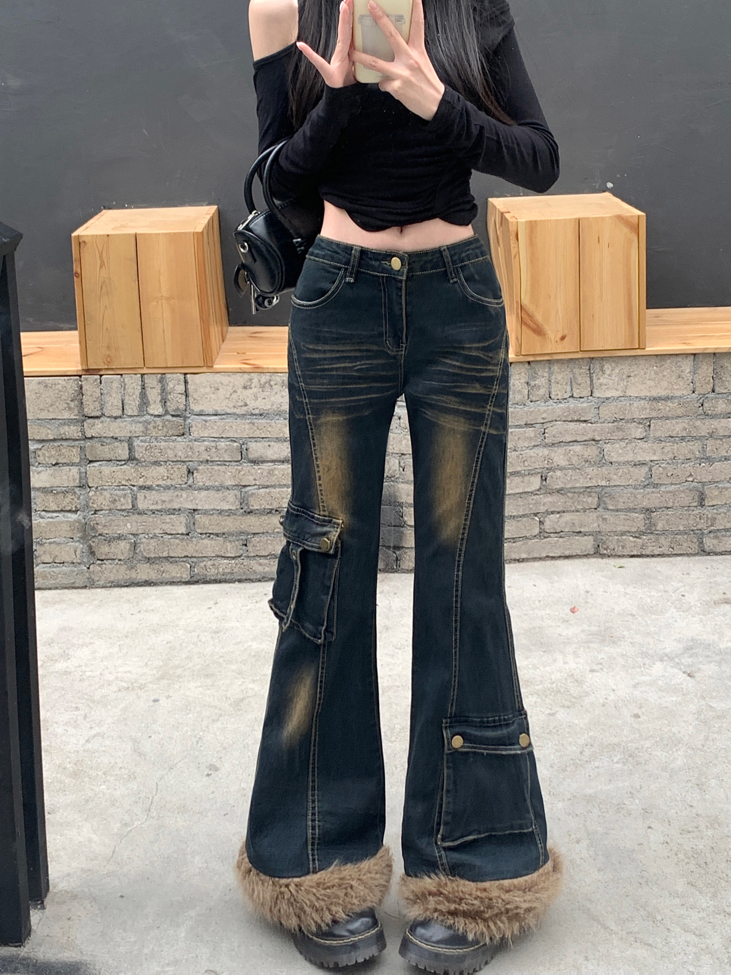 Women Idol Low Rise Chic Jeans Low Rise Y2K Faux Fur Denim Flare