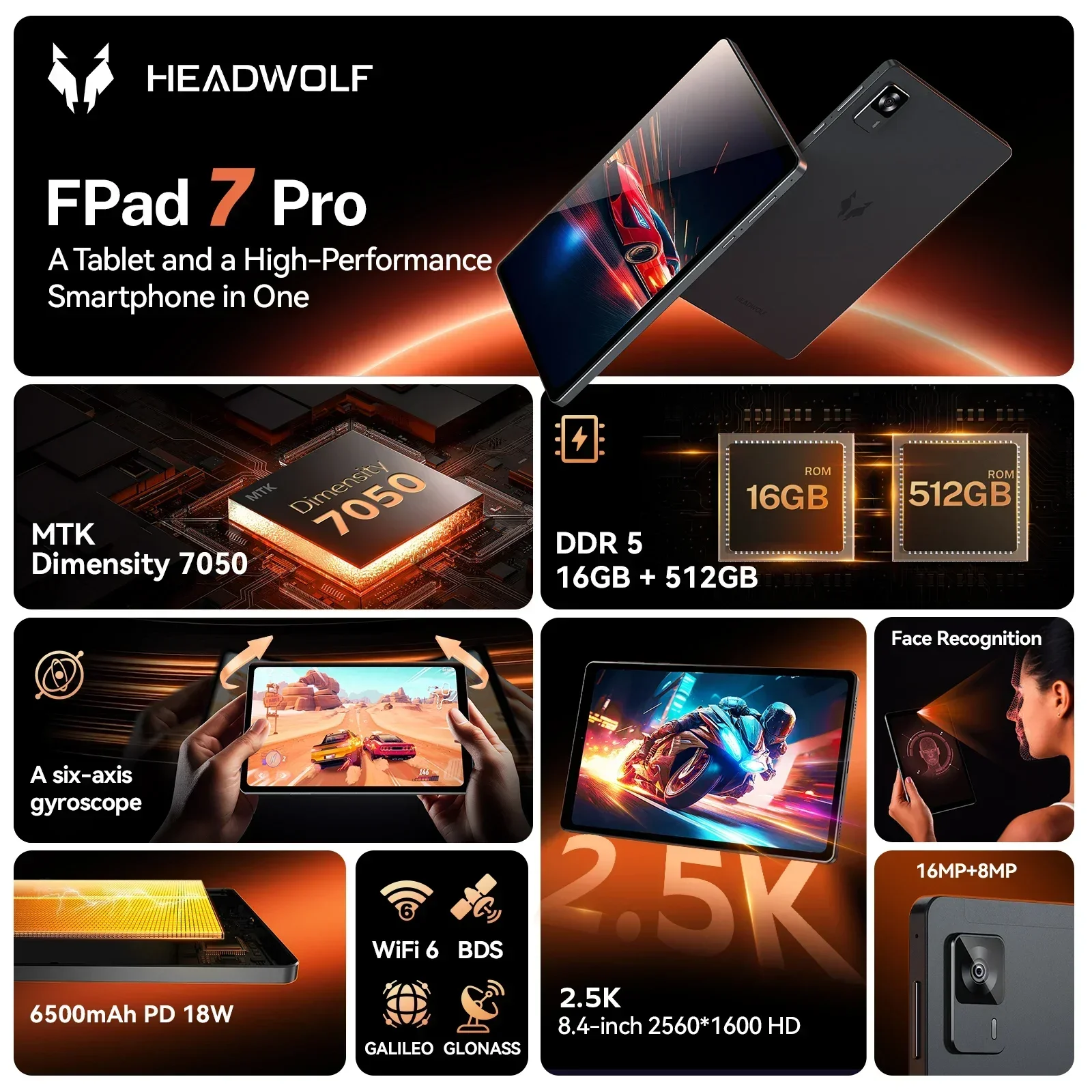 Headwolf FPad7 PRO Android 15タブレット 8インチ 2.5K HD 最大16GB+