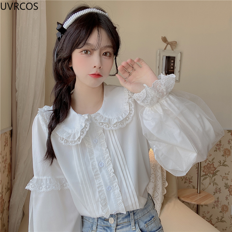 Sweet Lolita Long Sleeve White Shirts Women Japanese Lace Ruffles