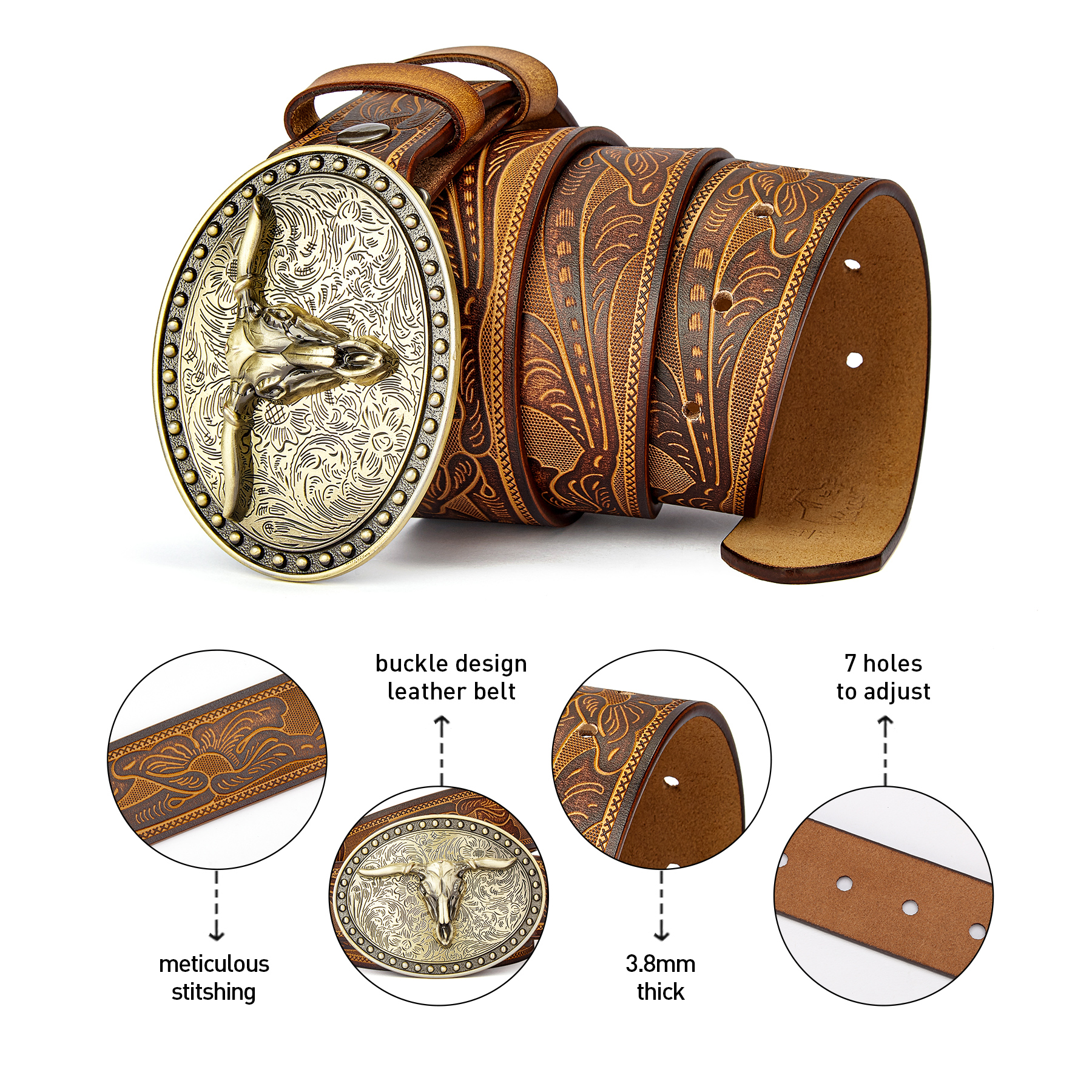 Men's Western Embossed Genuine Leather Belts with Golden Cowboy