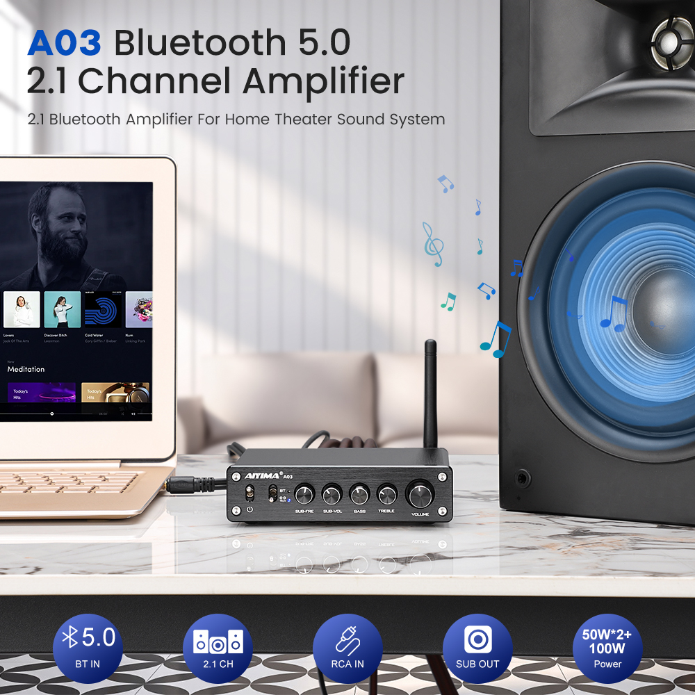 AIYIMA Audio A03 TPA3116 Bluetooth Amplifier Hifi Stereo 2.1