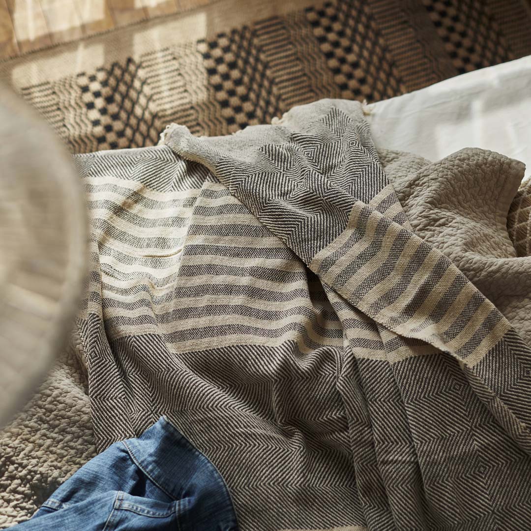 フリンジ付きランダムストライプ柄コットンブランケット/LGY‐【公式