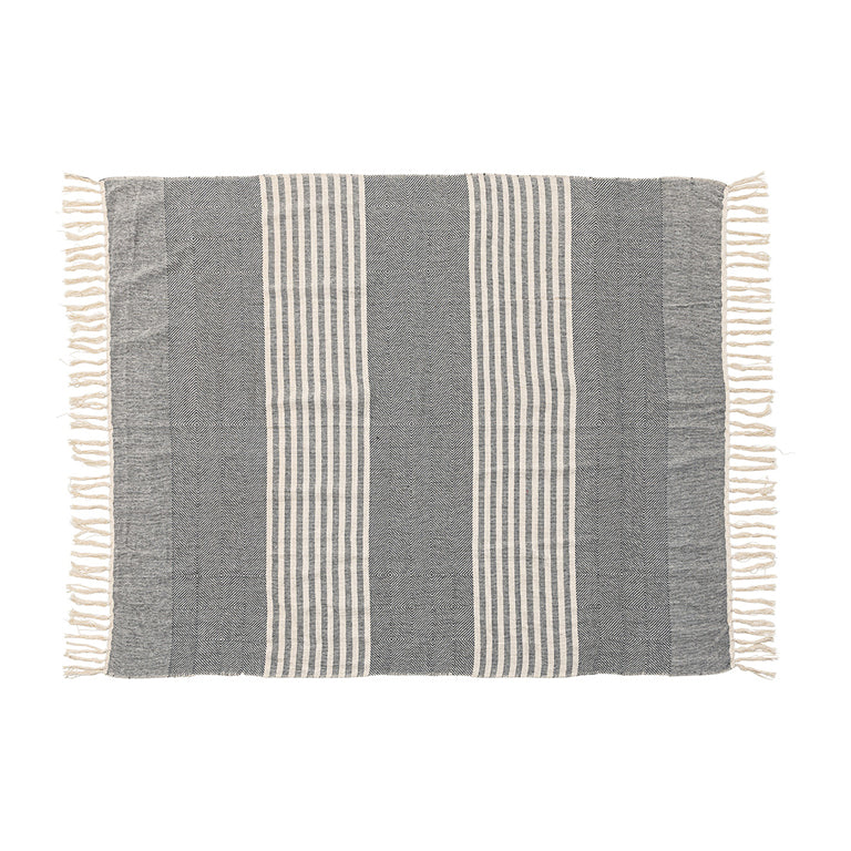 フリンジ付きランダムストライプ柄コットンブランケット/LGY‐【公式