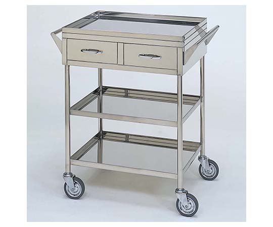 62-2715-04 ステンレスワゴン 回診車L (立上) 引出2個付 3段 ｽﾃﾝﾚｽﾜｺﾞﾝ