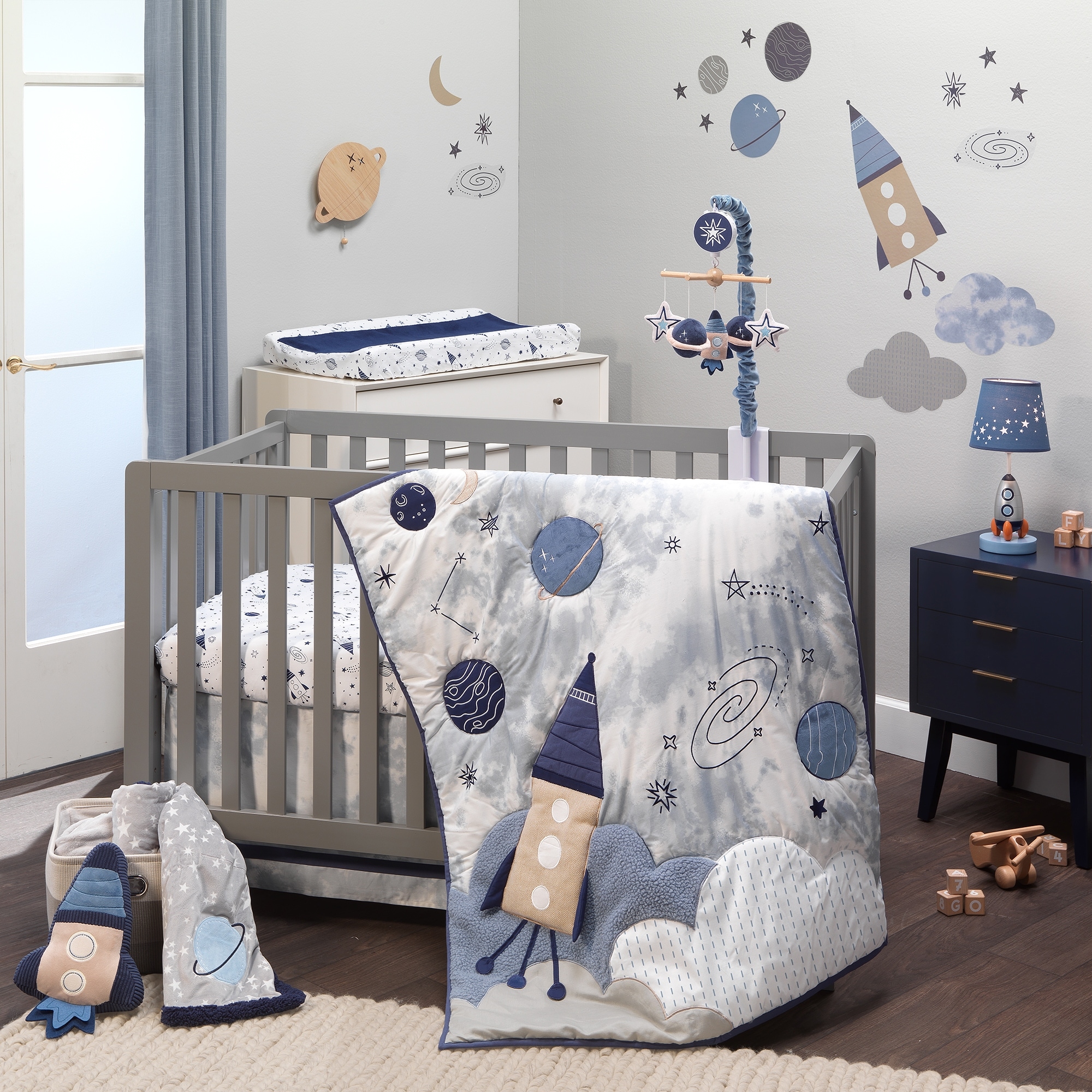 Lambs & Ivy Sky Rocket 5-Piece Blue Galaxy/Space Nursery Baby Crib