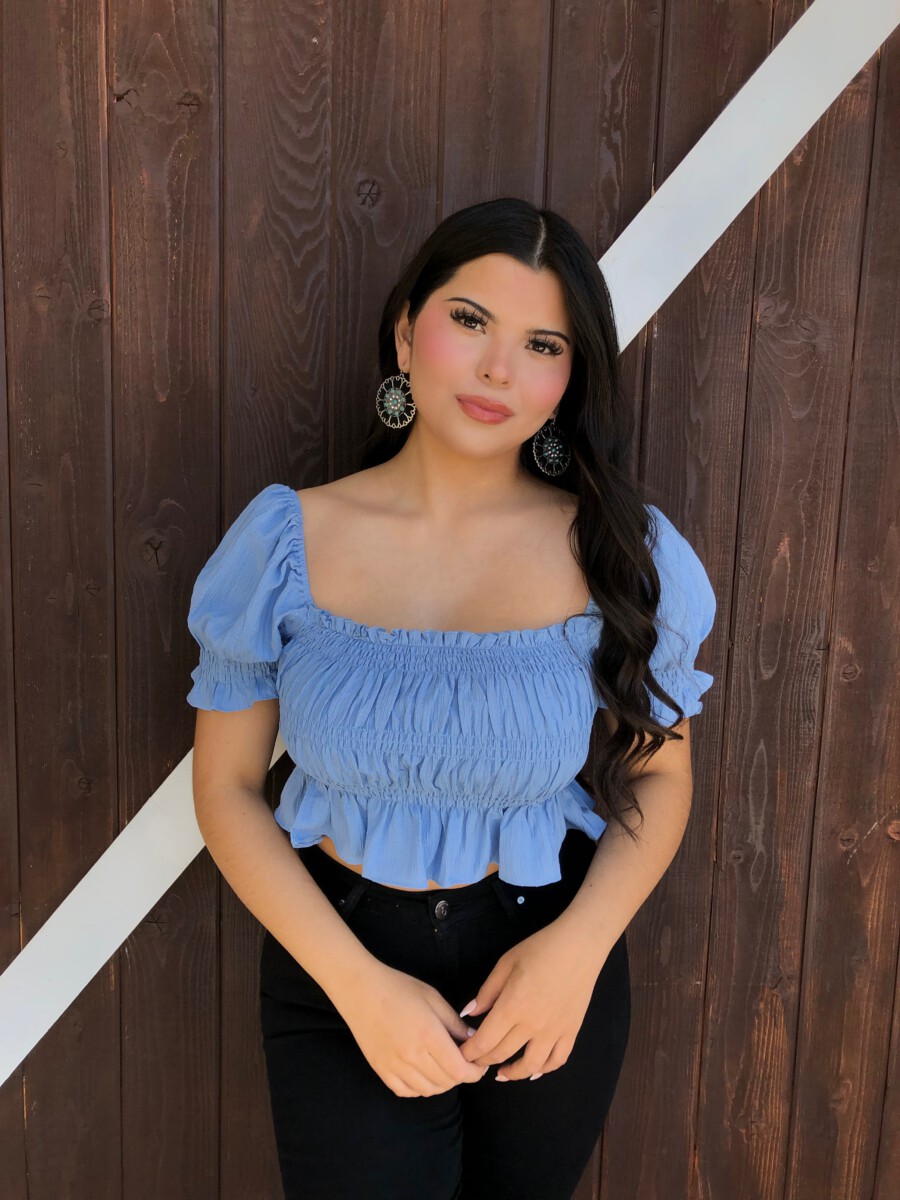 Carla ” Short Sleeve Scrunch Top ( Blue ) – Ale Accessories