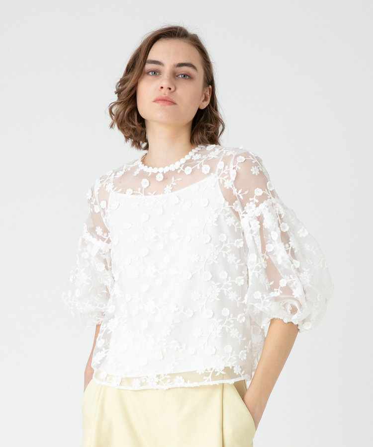 新品 alice+olivia アイレット刺繍レース×ボウタイ シャツブラウス白