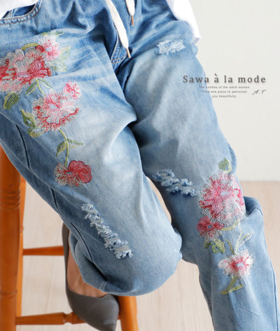 レディース 大人 上品 花刺繍入りデニム風イージーパンツ mode-3555