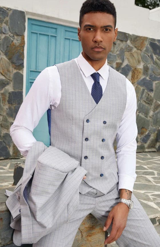 Mens Grey Pinstripe Suit - One Button Peak Lapel Gray Pinstripe