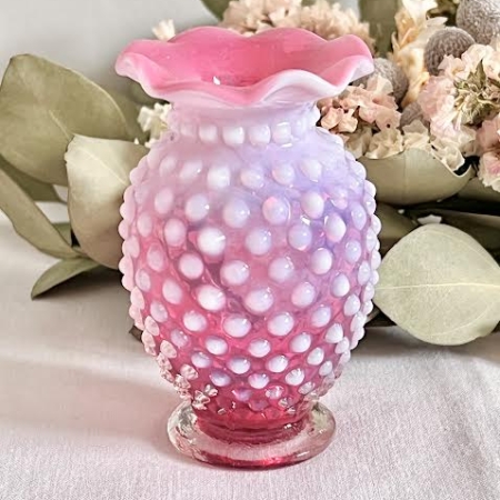 フェントン ドット ピンクガラス フリル付きフラワーベース フェントン