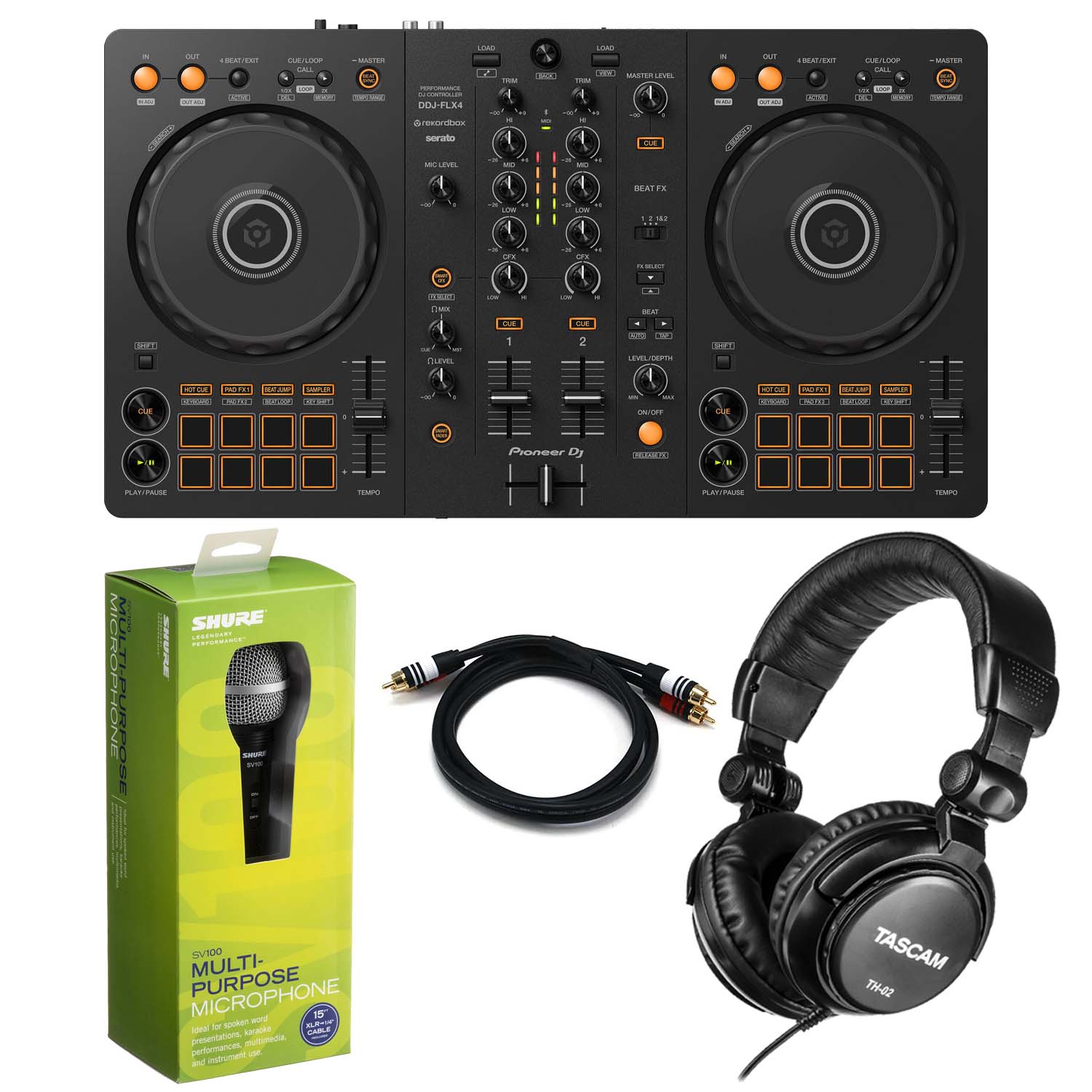 Pioneer DDJ-FLX4 2-Channel DJ Controller, Tascam TH02, RCA Cable