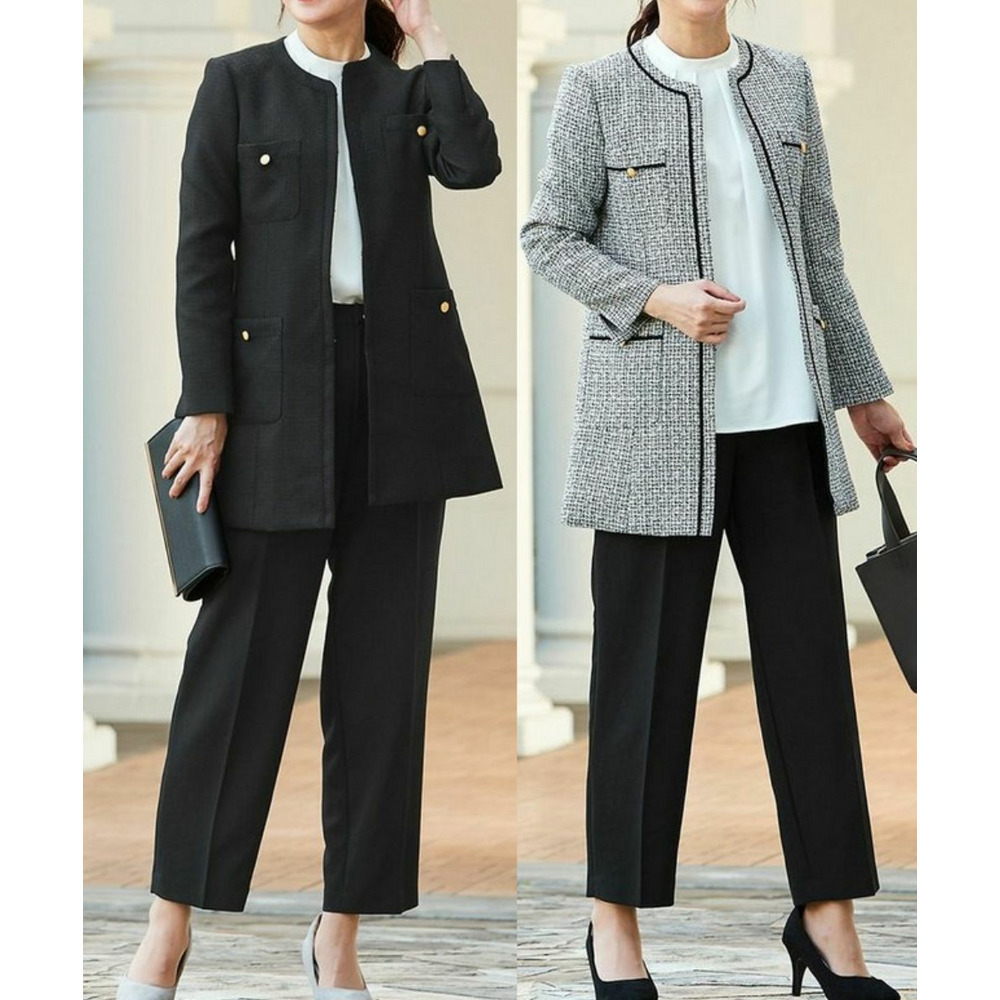 入学式・卒業式・フォーマル】ツイード調ロング丈ノーカラージャケット