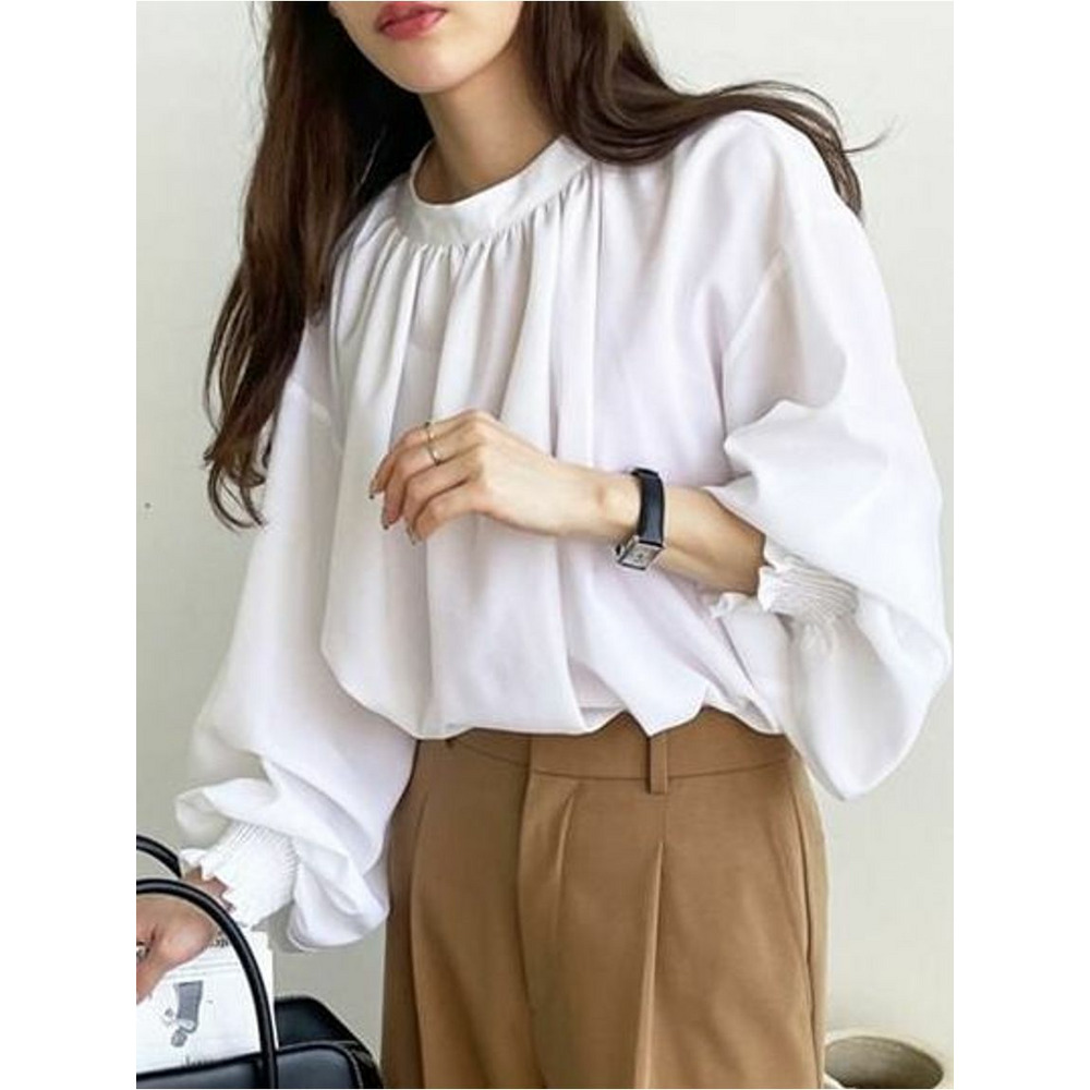 ハイネックギャザーバルーンスリーブブラウス 大きいサイズ レディース