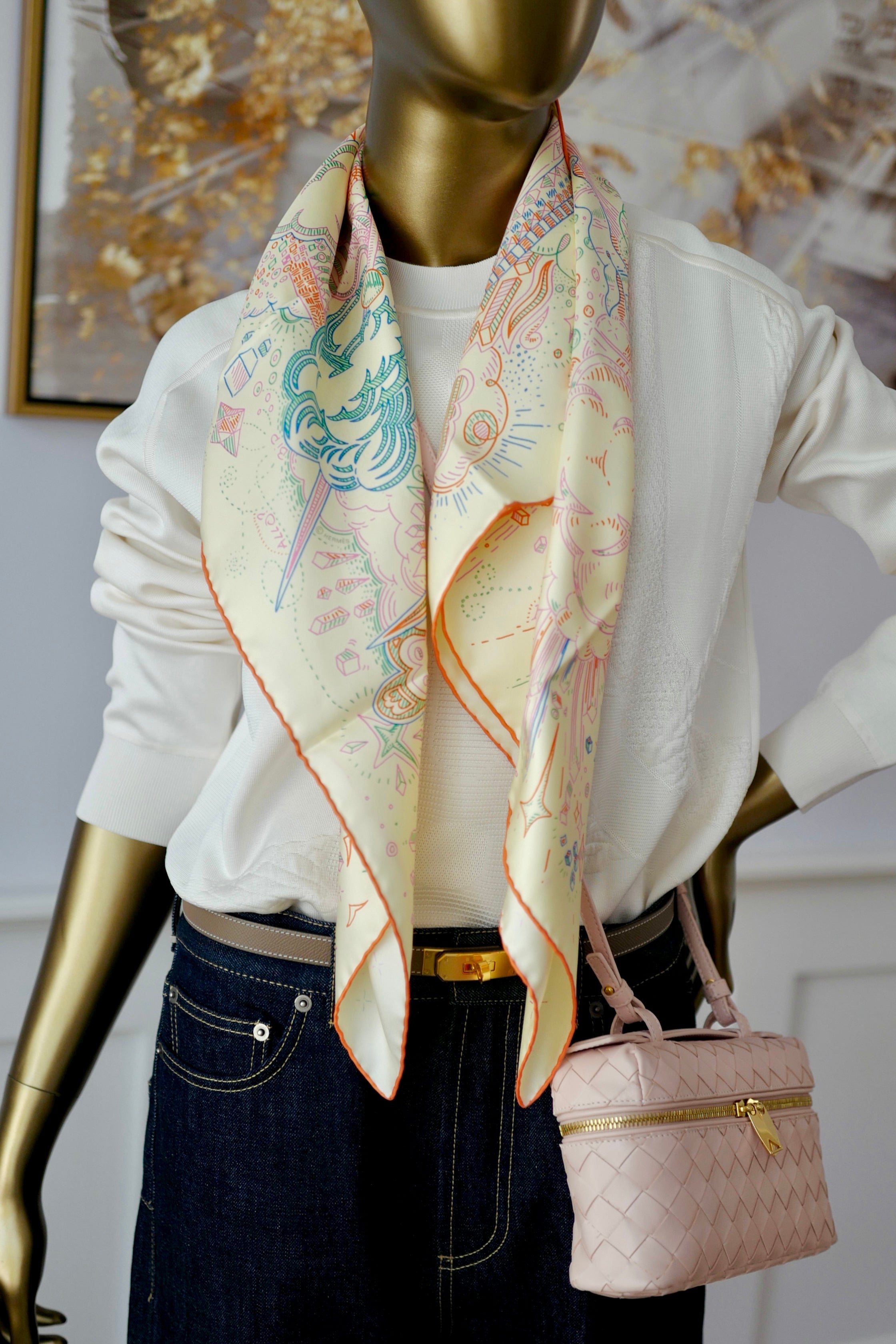 NEW Hermes Please Hold The Line Ac/Vanilla/Bleu 90 silk scarf