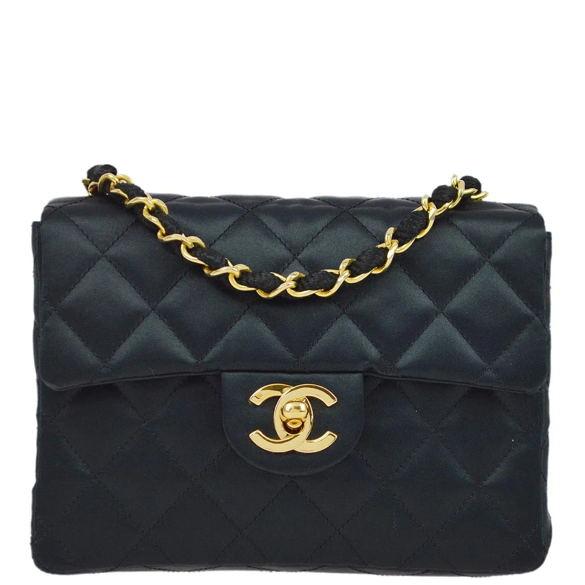 Chanel 1986-1988 Black Satin Mini Classic Square Flap Shoulder Bag