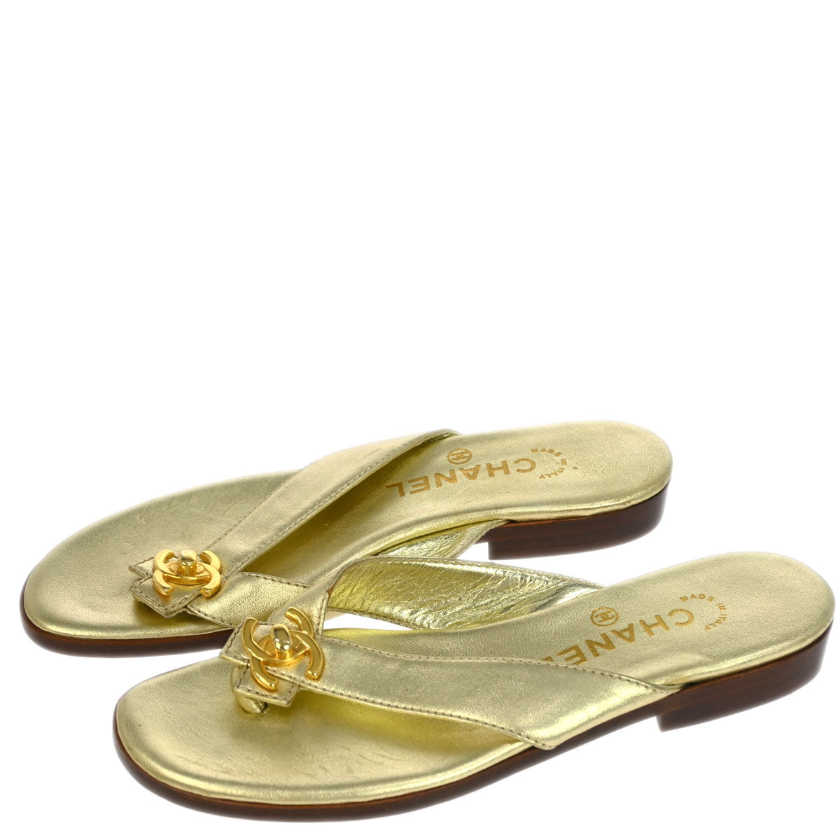 Chanel * Metallic Gold Lambskin Turnlock Shoes Sandals #37 – AMORE