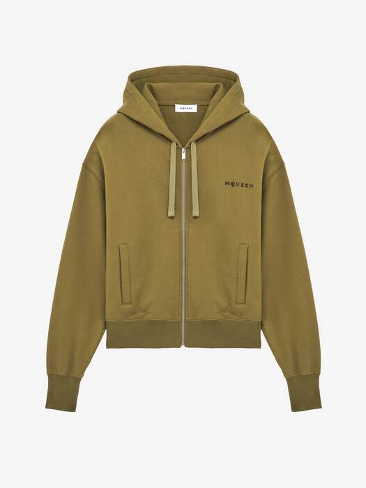 Men's Hooded Zip Through Sweatshirt in Green | McQueen US