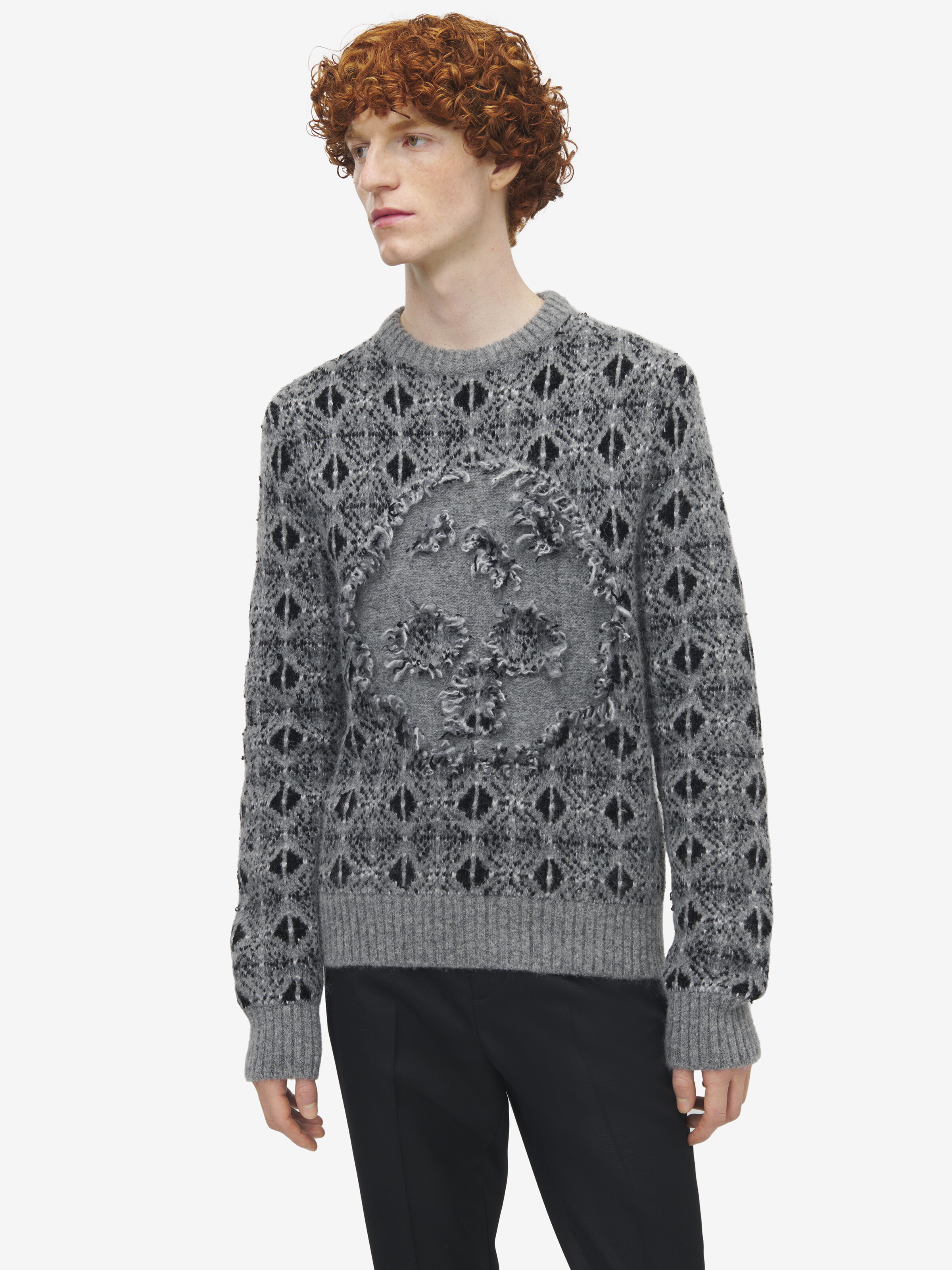 Men's Distressed Skull Fair Isle Jumper in Grey Melange | McQueen US