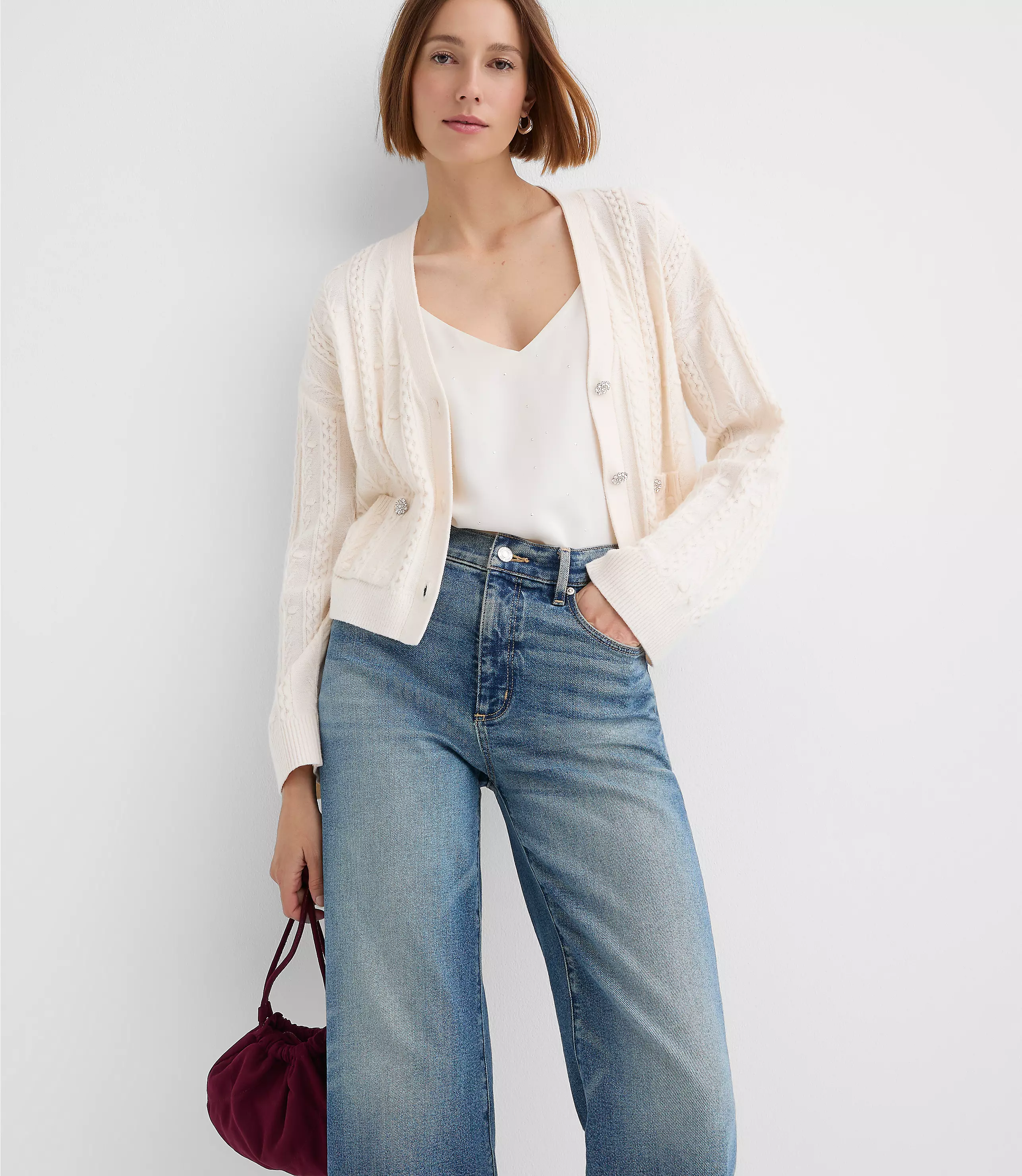 Crystal Button Cable V-Neck Cardigan