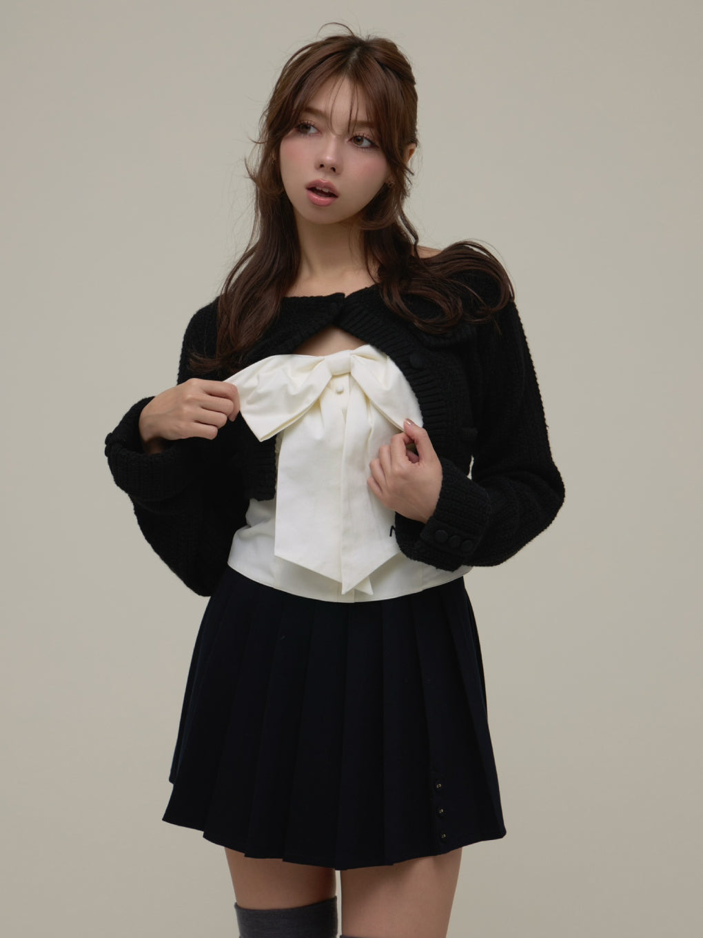 ANDMARY】Twiggy tweed ribbon set tops