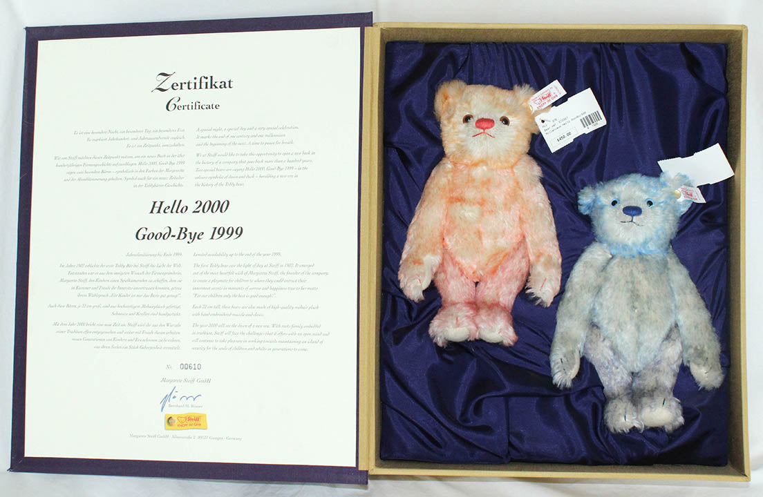 Steiff Hello 2000 Good Bye 1999 Mohair Teddy Bear Boxed Set Rare