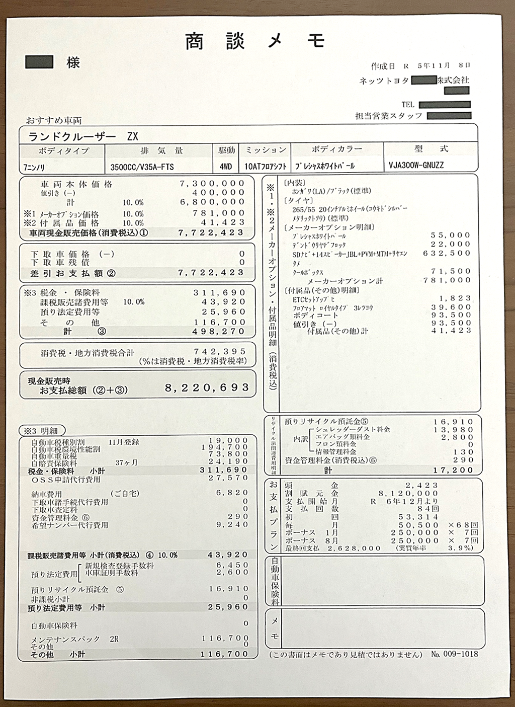 ランドクルーザー300値引き込みの見積もりを公開！ZXの支払い総額は