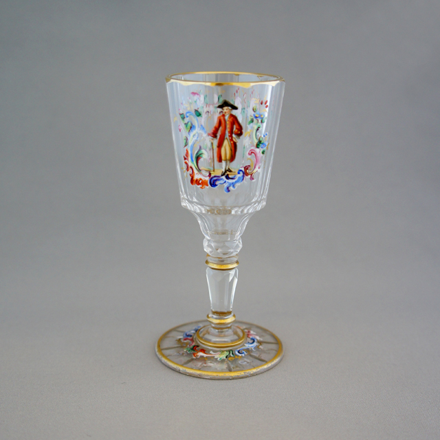 ロブマイヤー「エナメル彩 人物文 リキュールグラス ①帽子を被り杖を