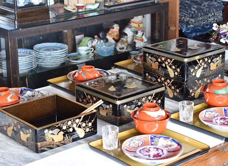 時代蒔絵 【琴》茶懐石道具 根来塗花鳥蒔絵吸物椀十客 箱