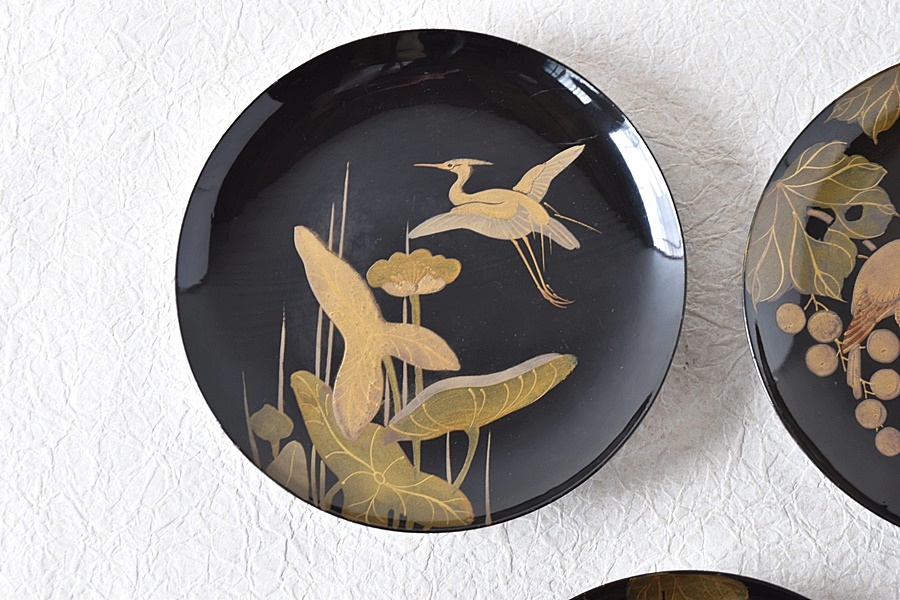 天然木製漆塗 時代蒔絵 花鳥 図変わり 菓子皿 5枚セット No.2 - 生活