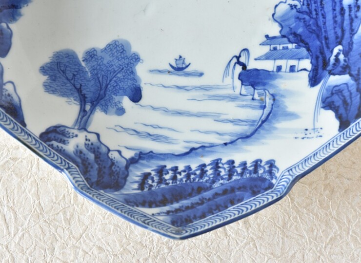 古伊万里 染付 山水舟風景画 太明成化年製文 菱形変形皿 - 生活骨董と