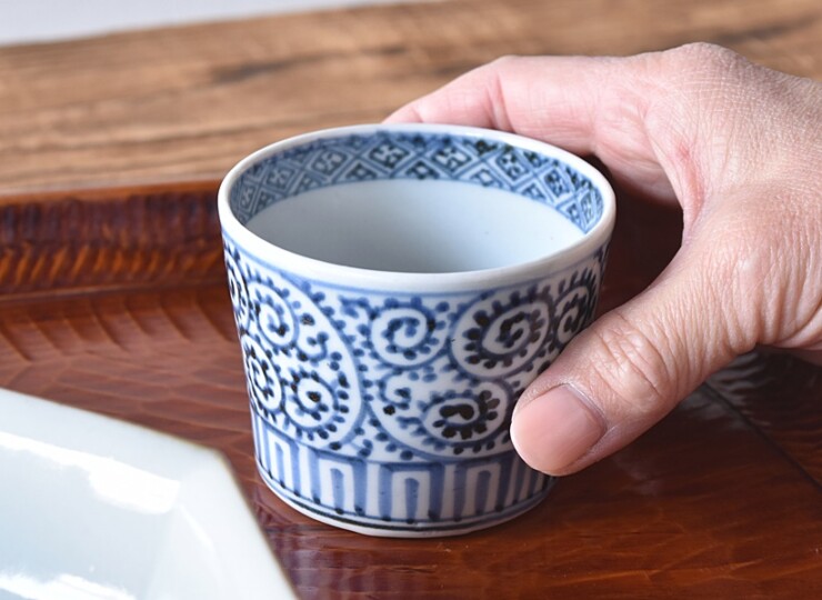 古伊万里 蕎麦猪口 江戸時代後期 染付 算木文 そば猪口 K221 開