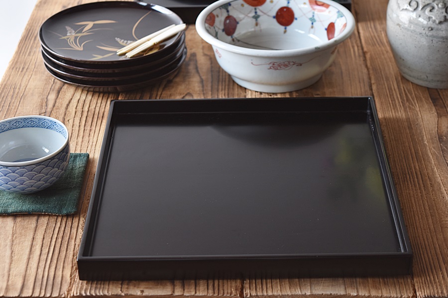 ほぼ未使用 懐石道具 塗師 半峰造 利休形 鉋目折敷膳 十客揃 木製溜塗