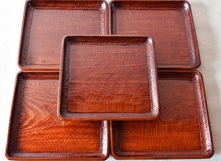 天然木製漆塗 讃岐彫 刳り貫き盆 会席膳 5客セット - 生活骨董と古布