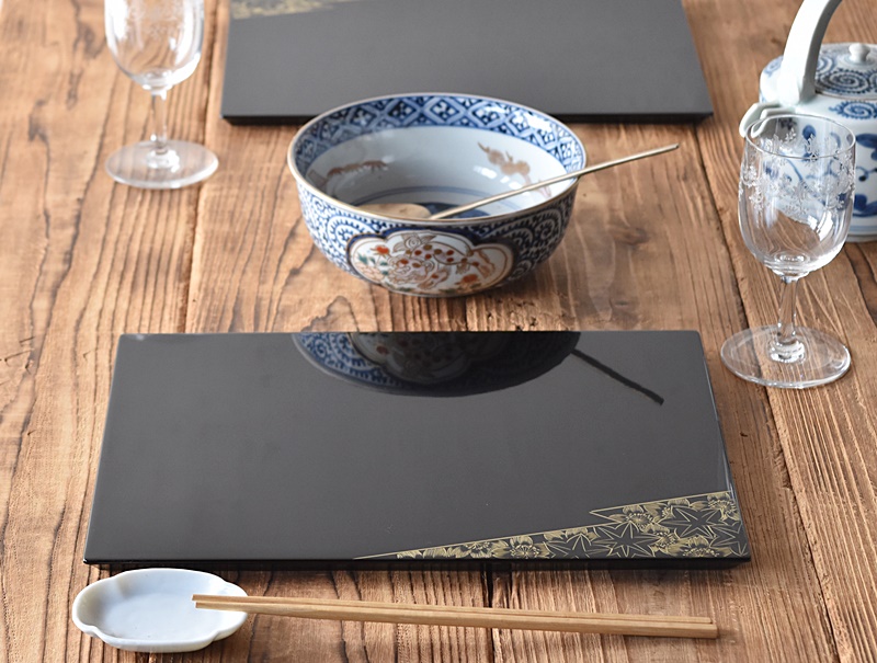 輪島塗 黒塗 沈金蒔絵 点心盆 折敷 5客セット - 生活骨董と古布の