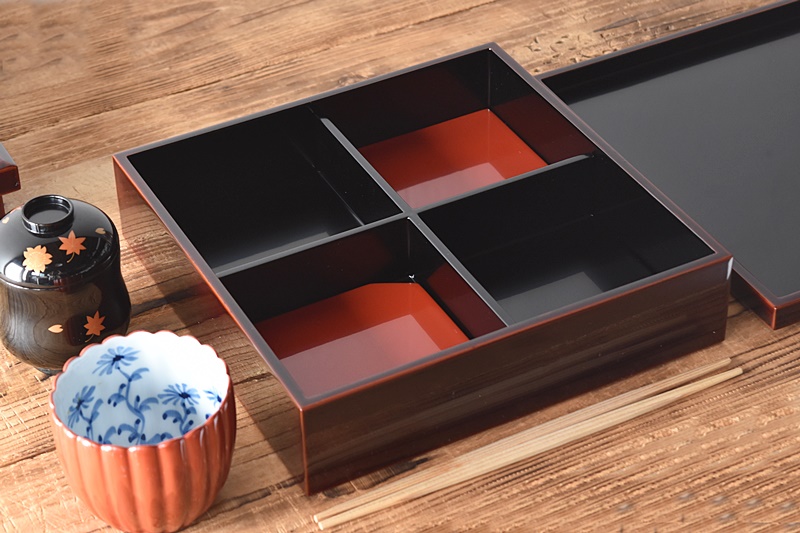 天然木製漆塗 輪島塗 溜塗 懐石弁当 松花堂弁当箱 4客セット - 生活