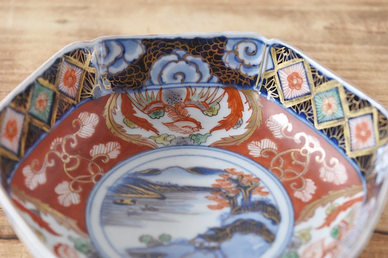 伊万里 大聖寺伊万里 赤絵 鳳凰 花模様 角福 六角膾皿 - 生活骨董と