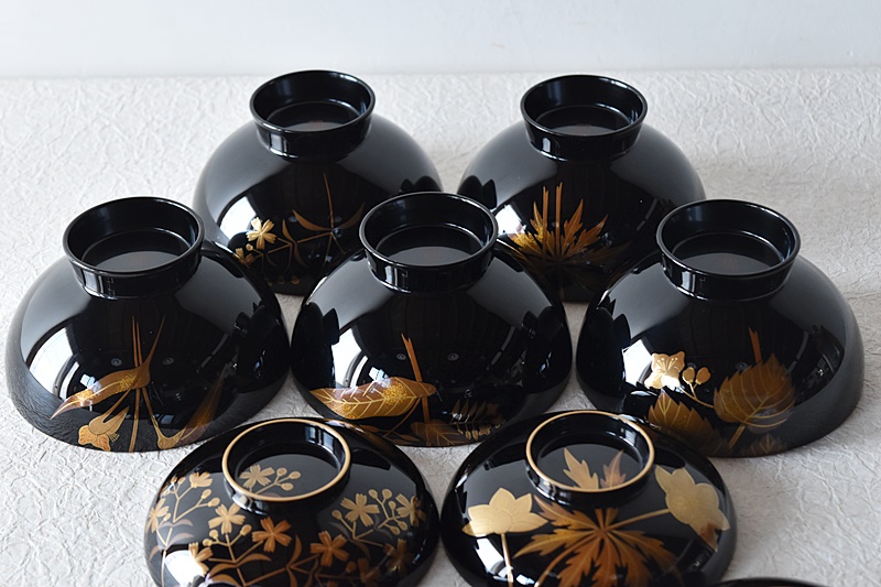 輪島塗木製 お椀 吸物椀 本金 骨董 時代蒔絵 5脚G53 輪島塗木製お椀