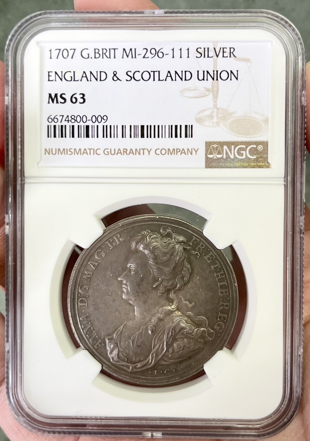 1707年アン女王スコットランド統合記念シルバーメダル【MS63