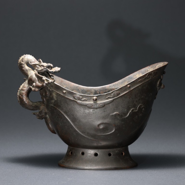 大島如雲作 銅製龍取手水鉢 - 古好屋