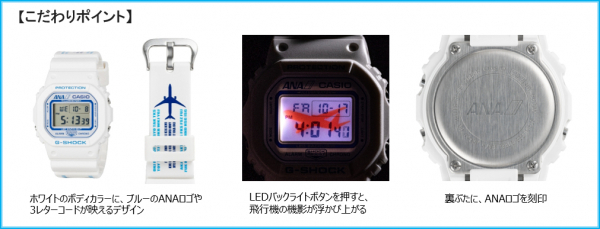 ANA×G-SHOCK、白基調にANAブルーの配色。バックライトに飛行機の