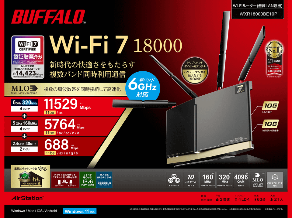 バッファローからWi-Fi 7対応ルーター「WXR18000BE10P」、2月上旬発売