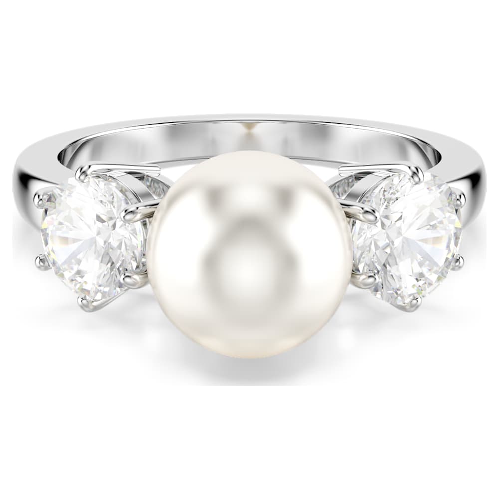 Matrix cocktail ring, Crystal pearl, Round cut, White, Rhodium plated