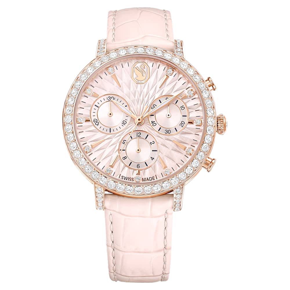 Matrix tennis chrono watch, Swiss Made, Leather strap, Pink, Rose