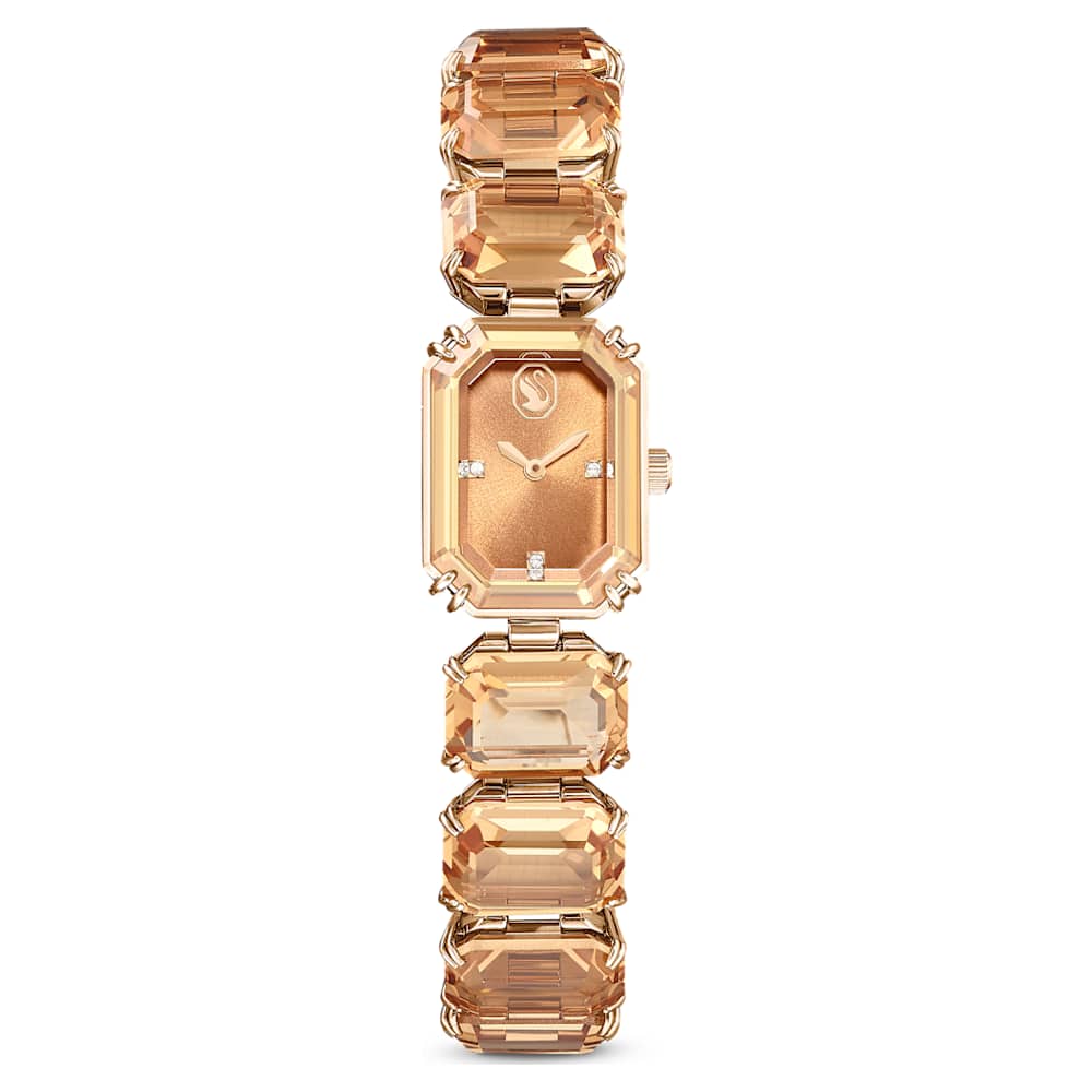 Watch, Octagon cut bracelet, Brown, Champagne gold-tone finish