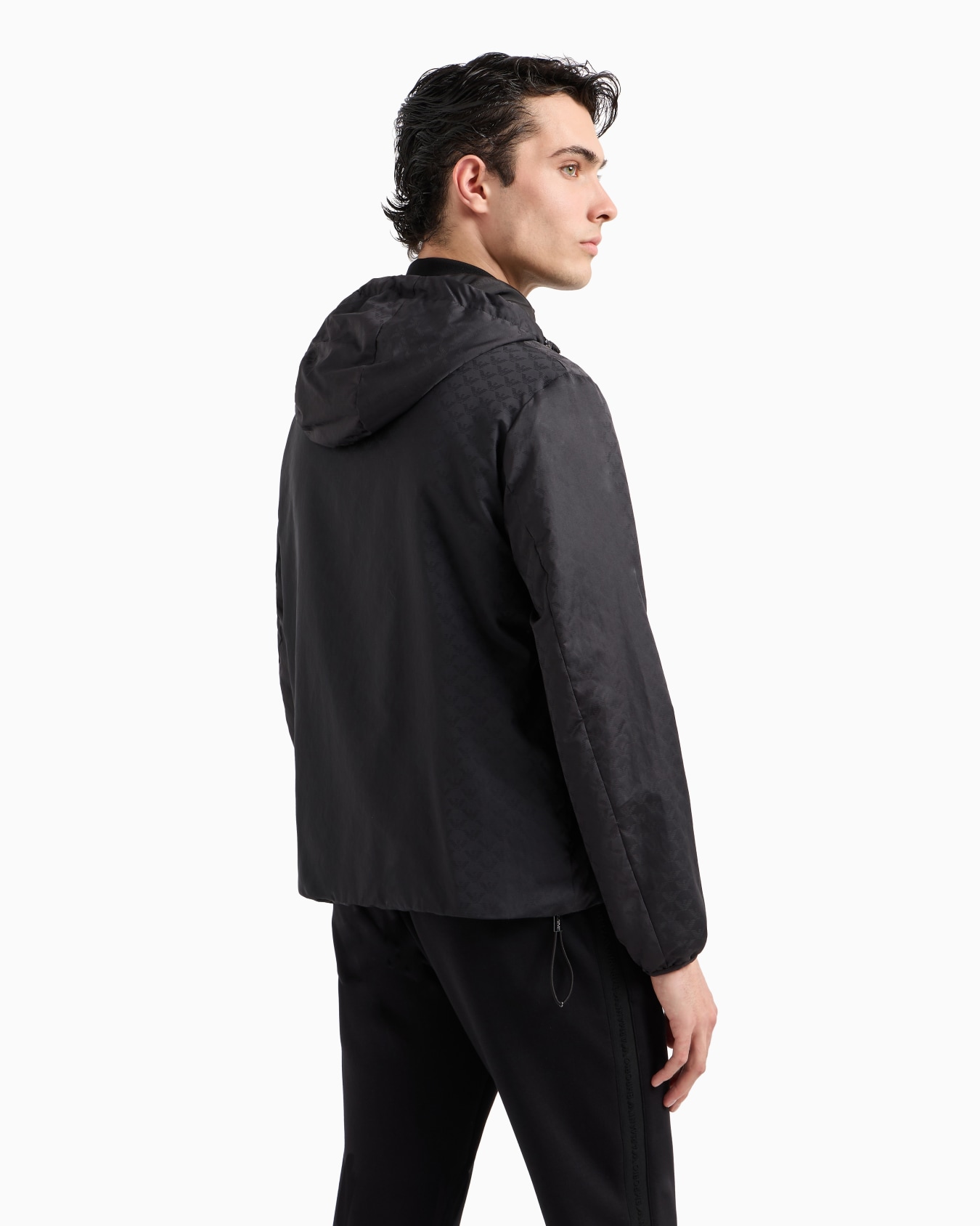 Nylon jacket with hood and zip, with all-over jacquard eagle