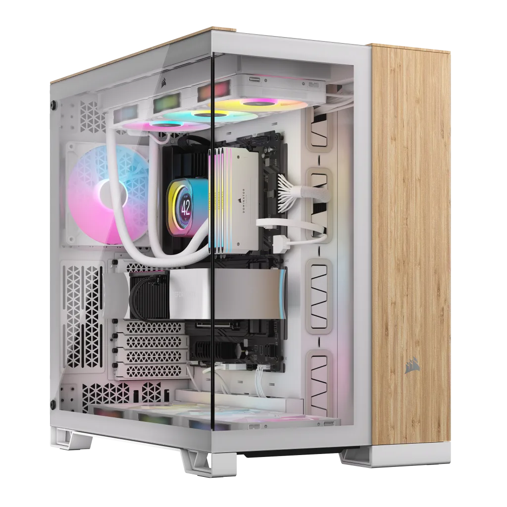 6500X Mid-Tower Dual Chamber PC Case - White/Bamboo Wood
