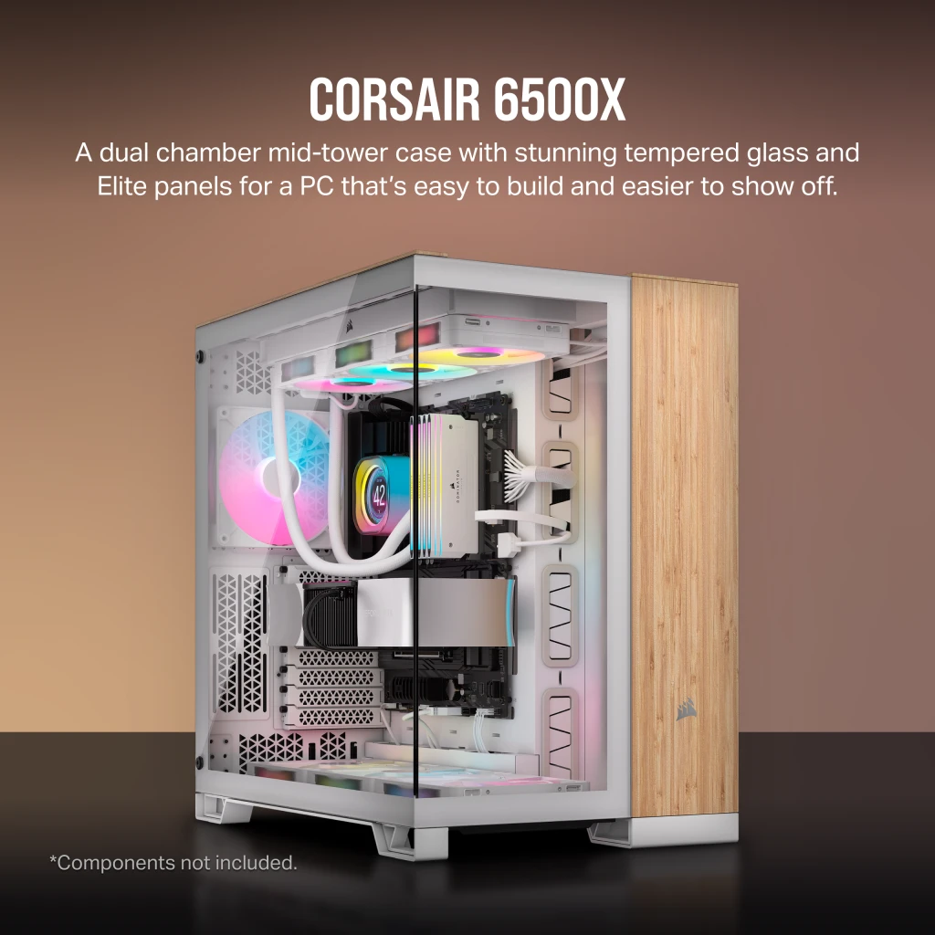 6500X Mid-Tower Dual Chamber PC Case - White/Bamboo Wood