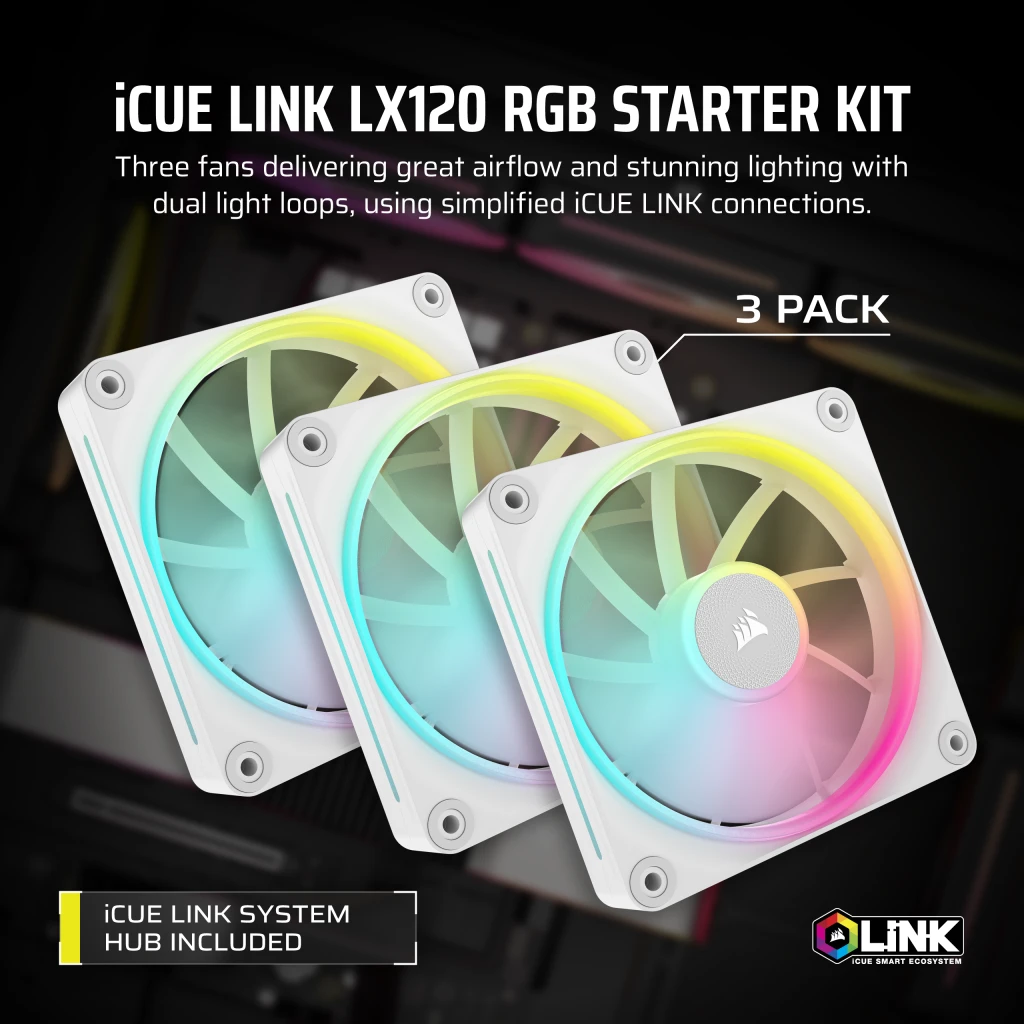 iCUE LINK LX120 RGB 120mm PWM ファン スターターキット - ホワイト