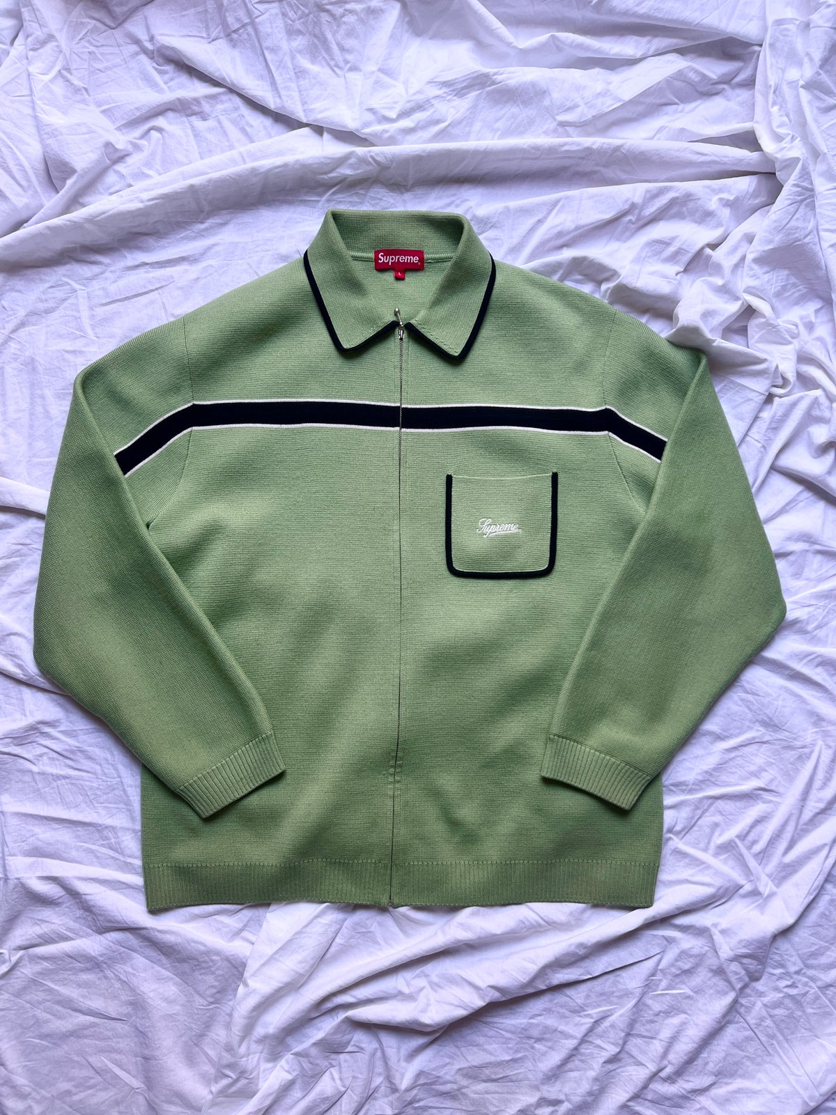 Supreme Chest Stripe Zip Up Cardigan Dusty Green FW21 - Size L